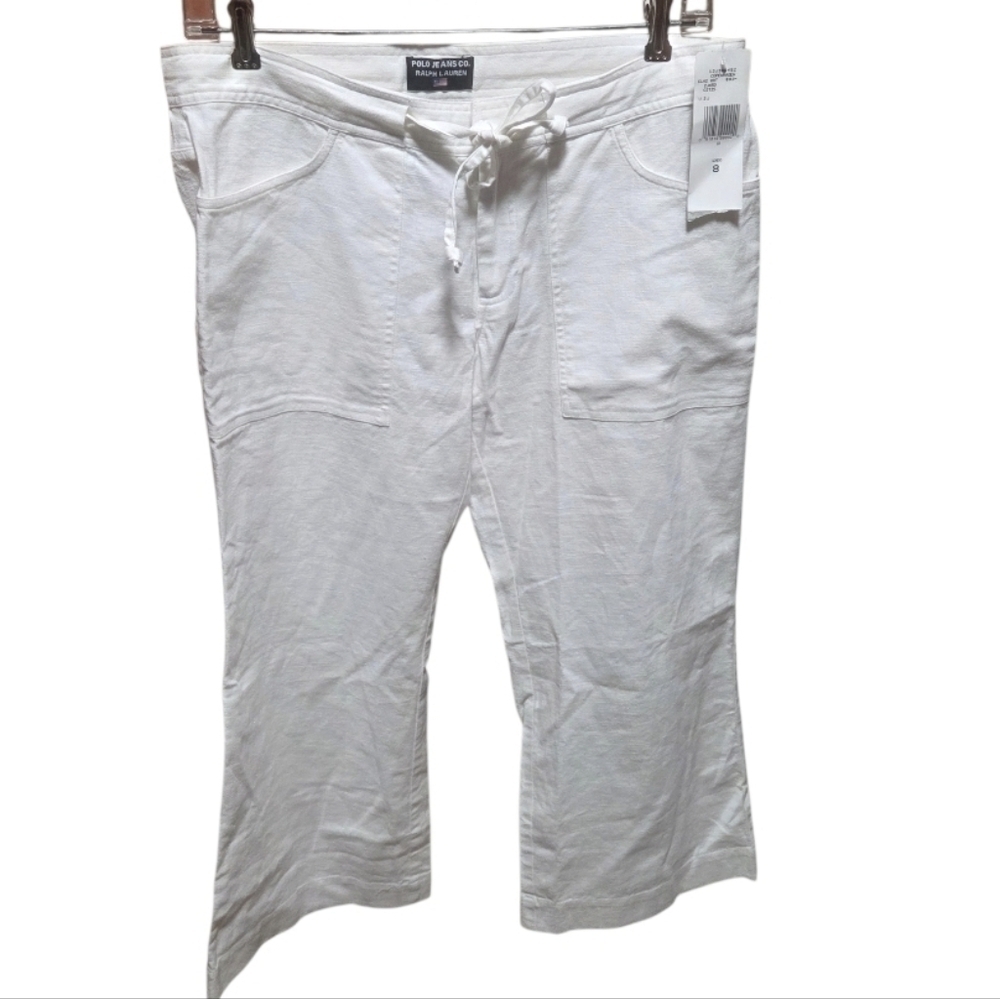Polo Ralph Lauren White Linen Cotton Cropped Wide Leg Pants Size 8 New!